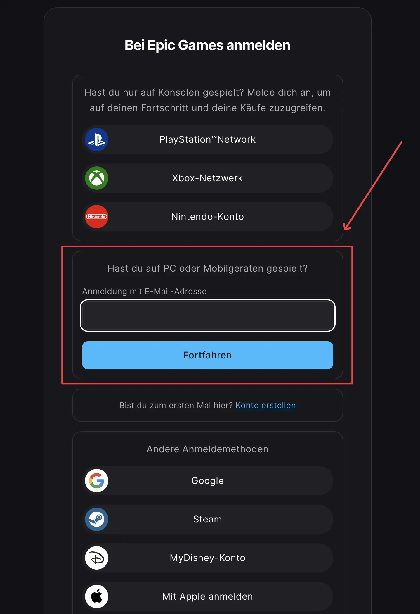 Screenshot der Epic Games Webseite mit Klick auf 'Anmeldung mit E-Mail-Adresse'.