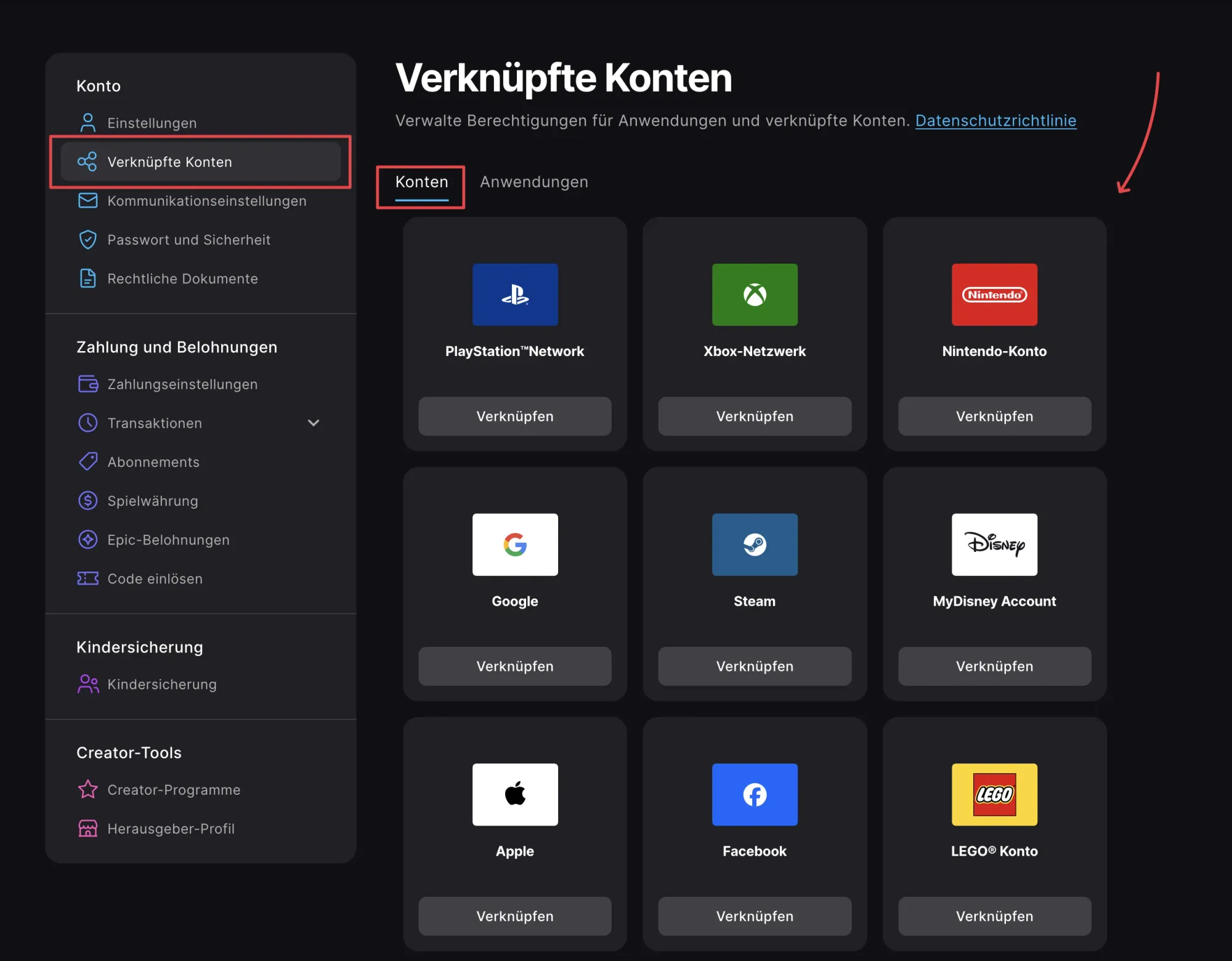 Screenshot der Epic Games Einstellungen unter Apps und Konten zum Verknüpfen von PlayStation Network, Xbox Live und Nintendo Switch.