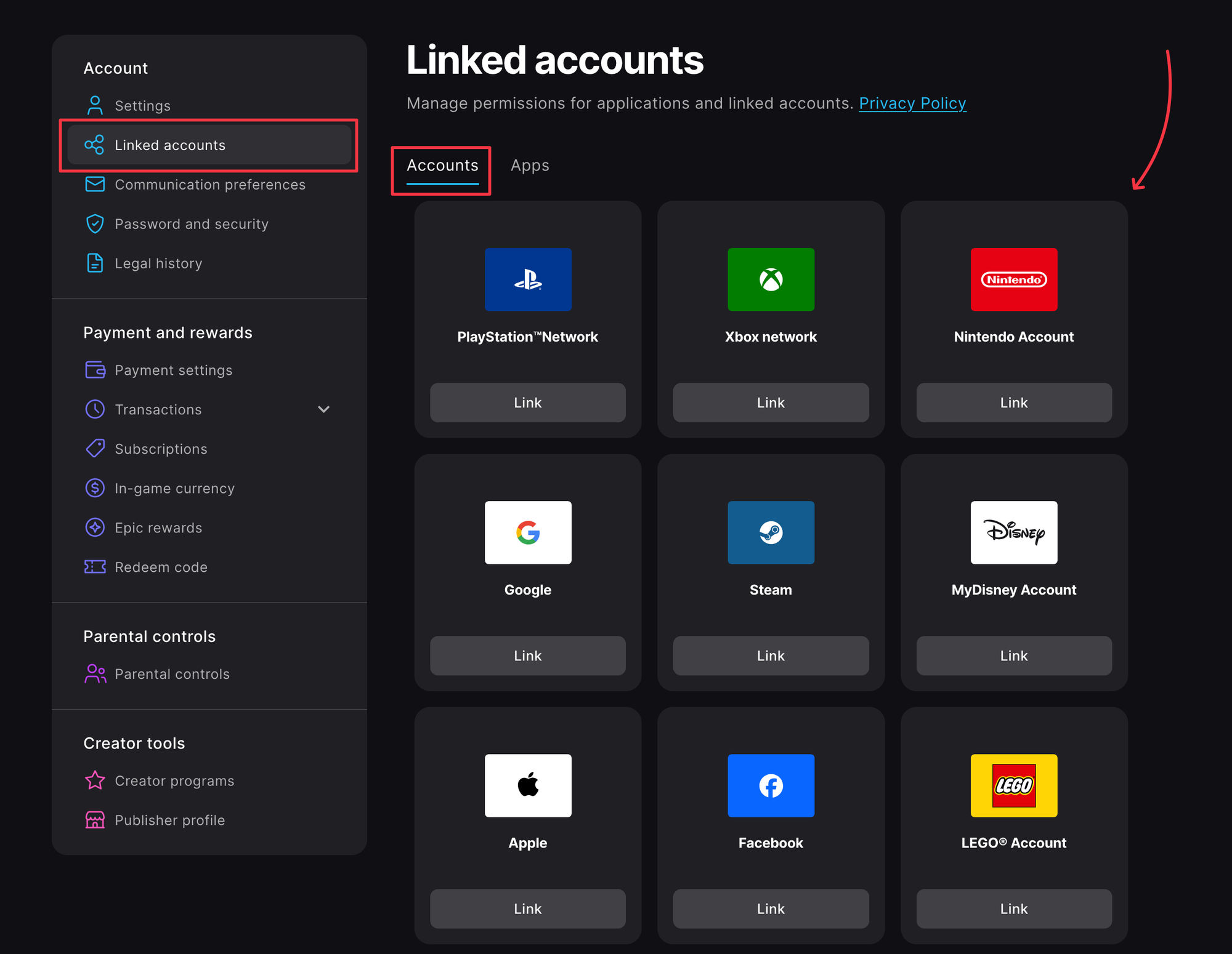 Settings menu in Epic Games under Apps and Accounts to link PlayStation, Xbox, and Nintendo Switch.