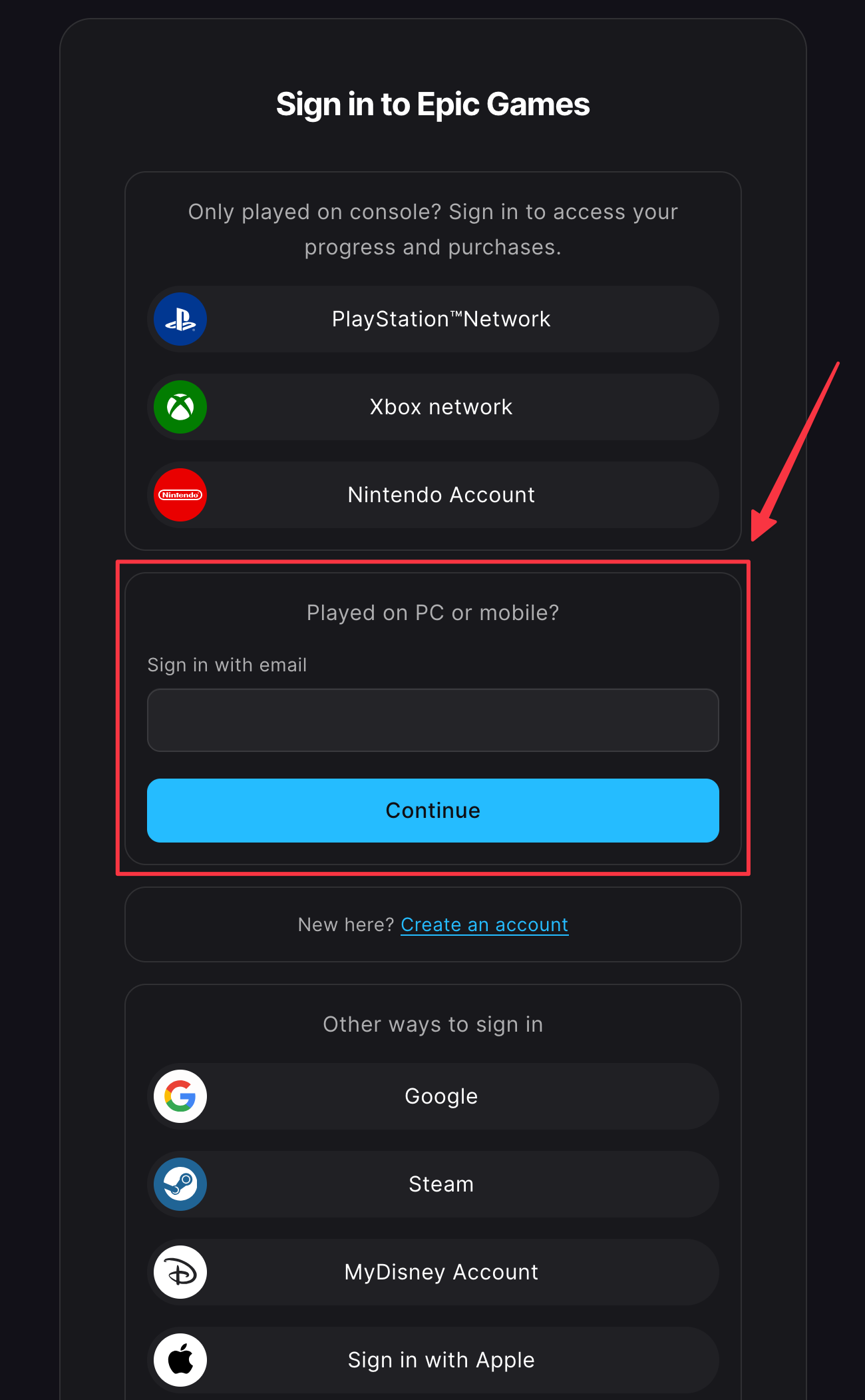 Screenshot of the Epic Games login page highlighting the 'Sign in with Epic Games' button.