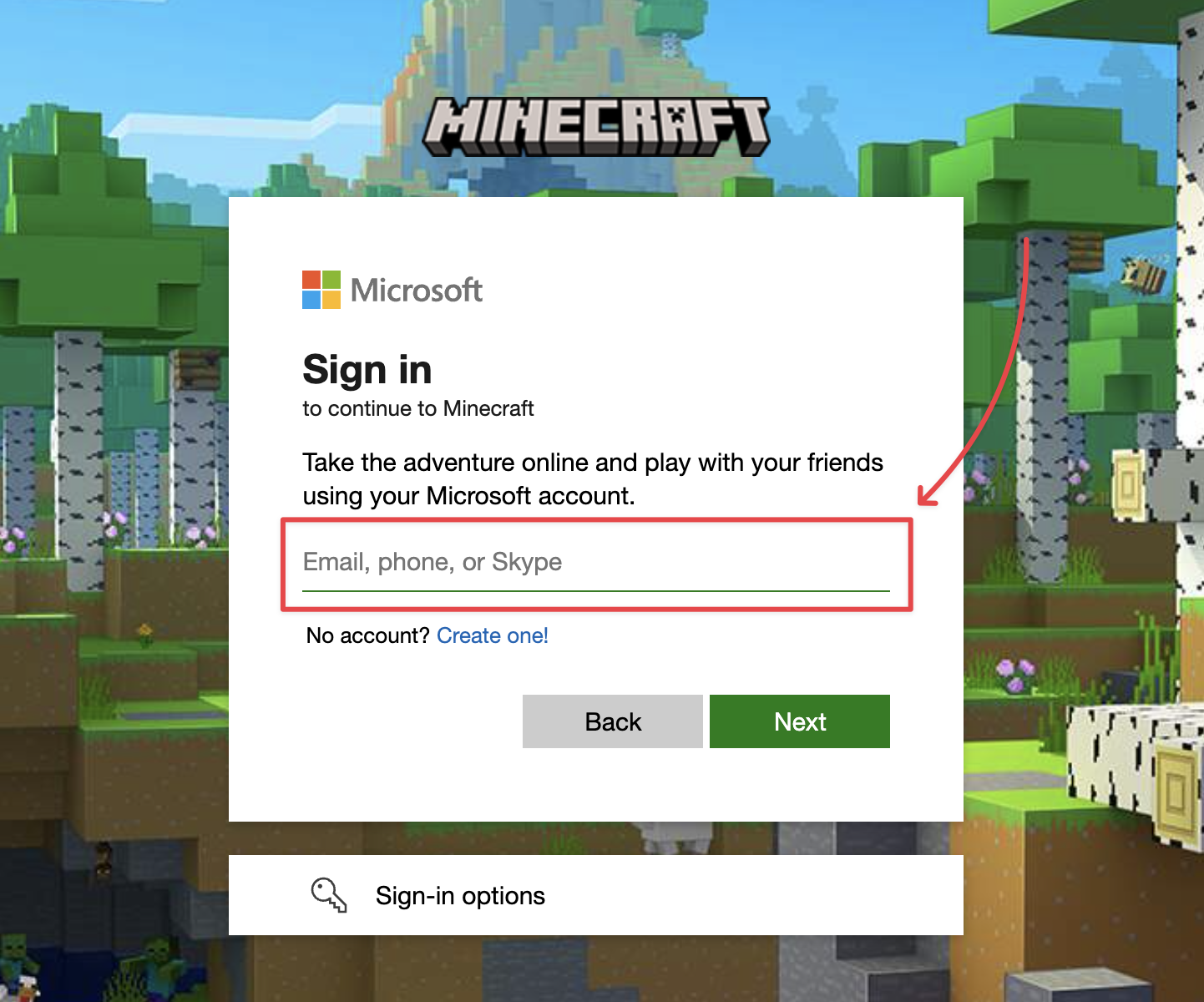 Microsoft login window for entering email and Minecraft password.