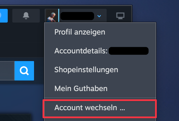 Steam Client Profilmenü oben rechts mit der Option Kontowechsel und Von Konto abmelden zum Wechseln des Steam Accounts