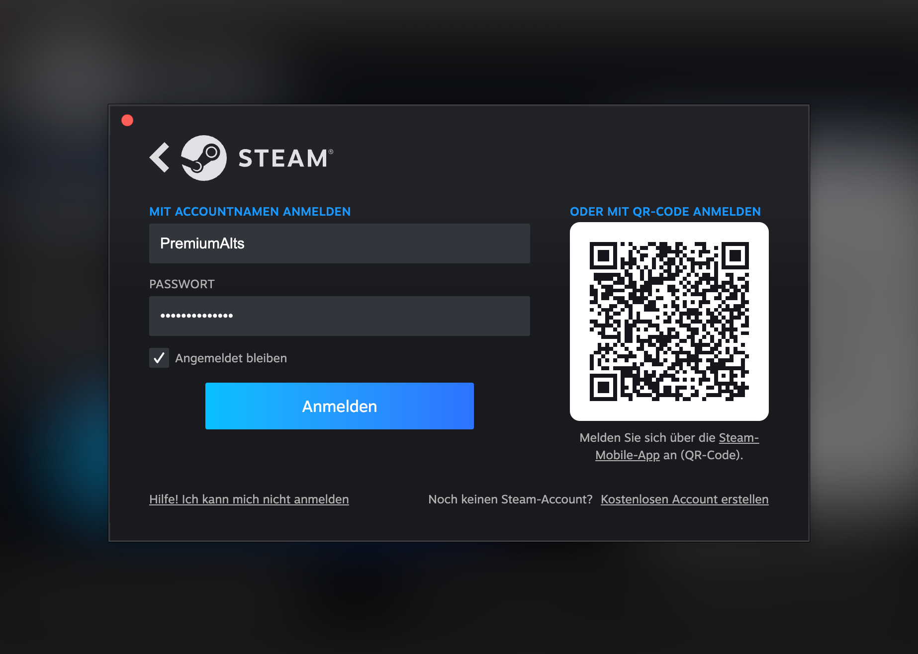 Steam Login Fenster mit den Eingabefeldern Accountname und Passwort zur Anmeldung im Steam Client